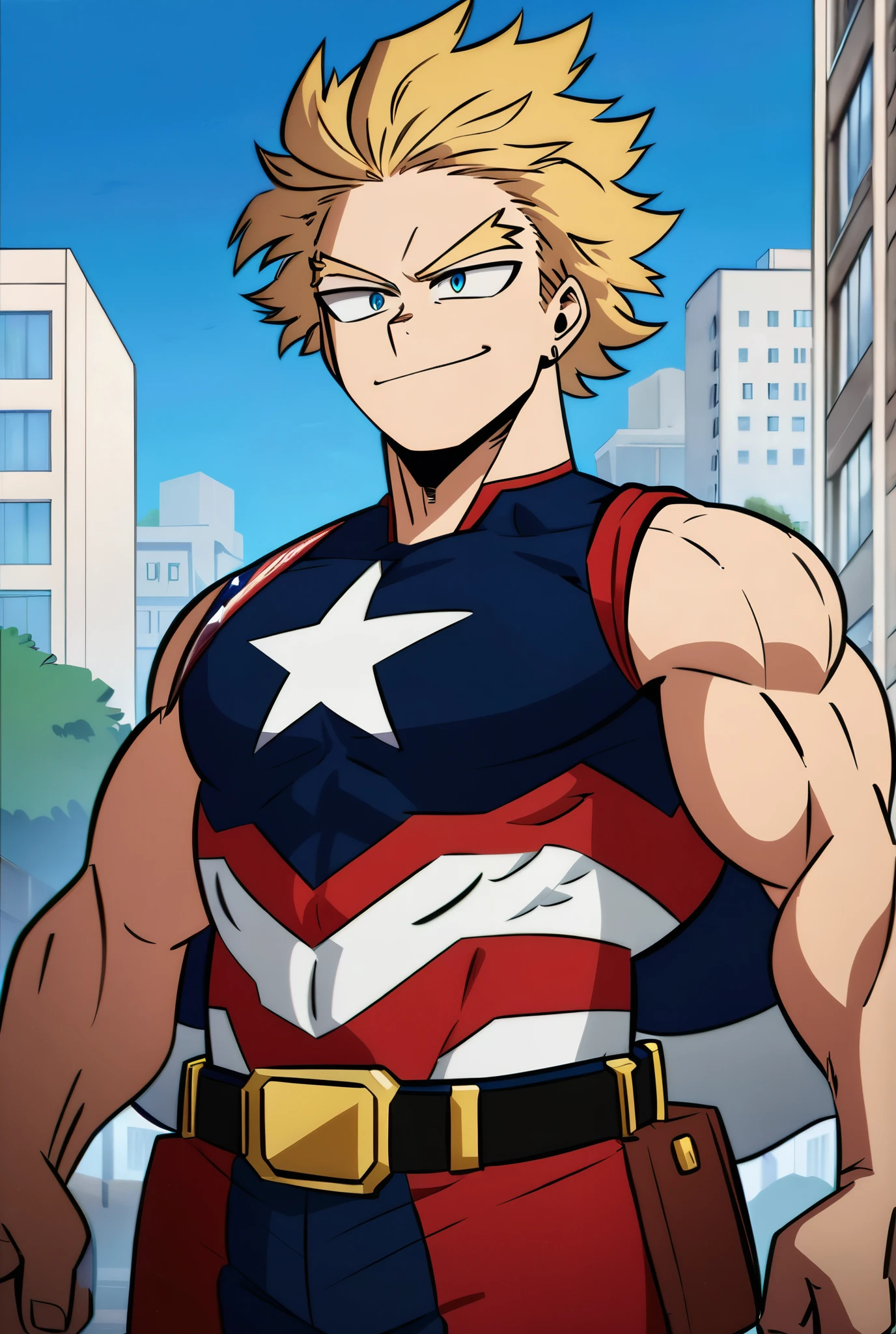 My Hero Academia character, MHA style, anime style, my hero academia, boku no hero academia, animated. Anime, Best Quality, Masterpiece, High Resolution, American Pro Hero, Male, American Flag Cape, muscular, blue and red hero costume, smirk, blonde hair, blue eyes, blooming city background, 