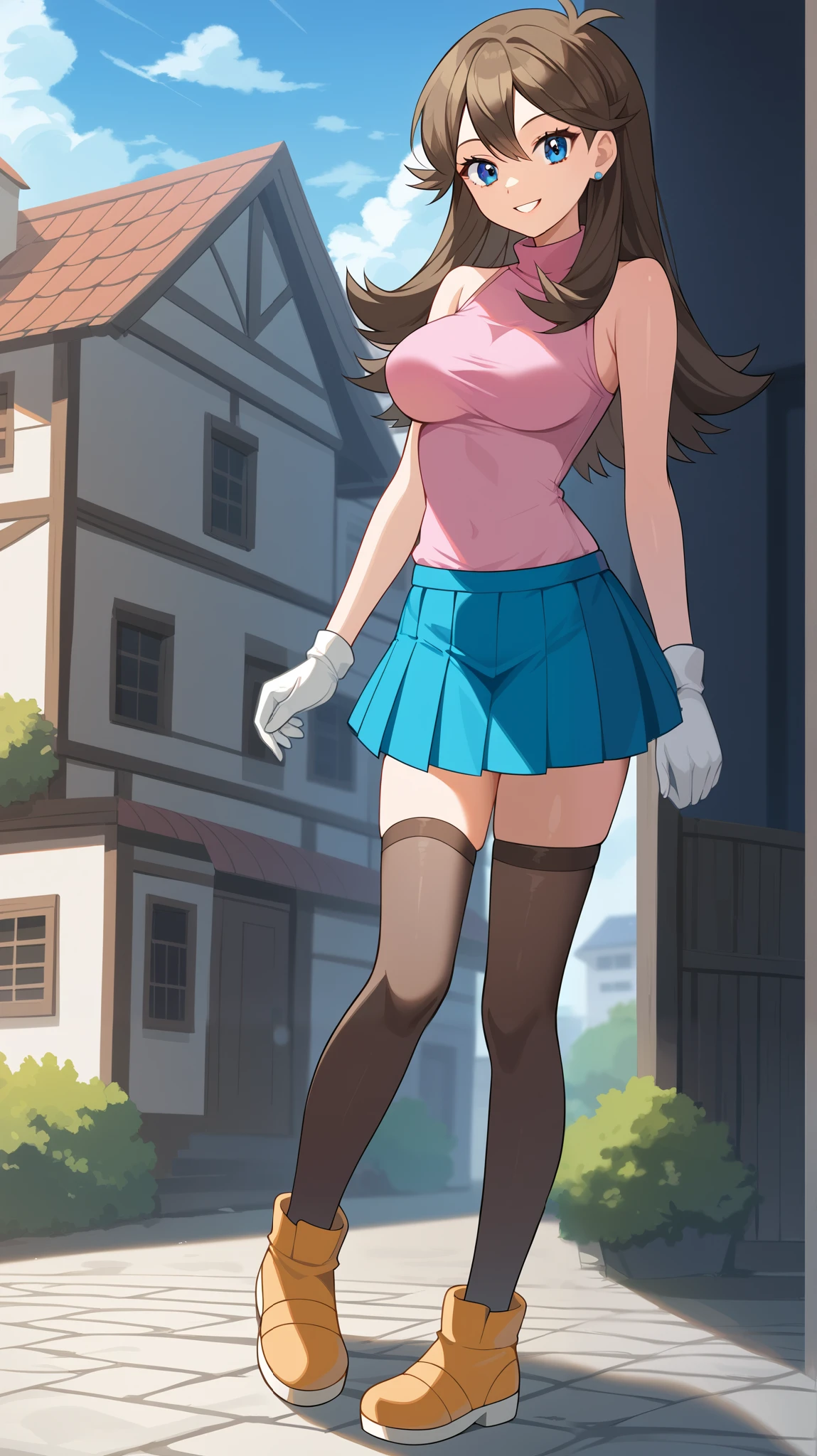  score_9,  score_8_Excellent,  score_7_Excellent,  score_6_Excellent, Best Quality, sauce_Anime,  cell shading ,  flat color, vector,  detailed background , town, building,  break 1 girl , Alone, (\ Pokémon\),  brown hair, Long Hair,  blue eyes,  black knee-high stockings, Ample breasts,  Viewers, 1 Female, Age 18,  is standing, whole body,  Slim Body , smile, Outdoor,  seductive smiles from all around, 挑発的なsmile,  pink sleeveless shirt without gloves,  green pleated mini skirt without gloves, Absolute territory,  put one hand on the lower back ,  tall, Orange shoes, bare hands, No gloves,