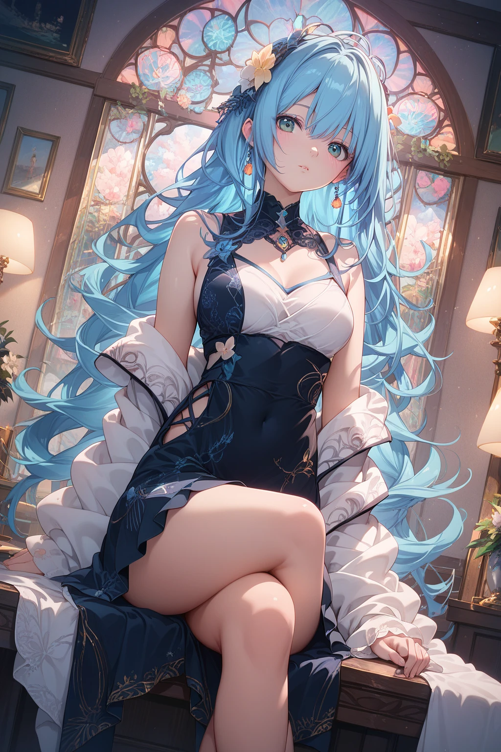 ((Highest quality)),(Ultra-high resolution),Dark blue rose cocktail dress,Highly detailed CG Unity 8k wallpaper, Cool, lots of Earrings, Earrings, Blue hair, Curly Hair, Blunt bangs, Straight bangs, Blue eyes, White skin, Gal, Improve、Flat Chest、Reduce exposure