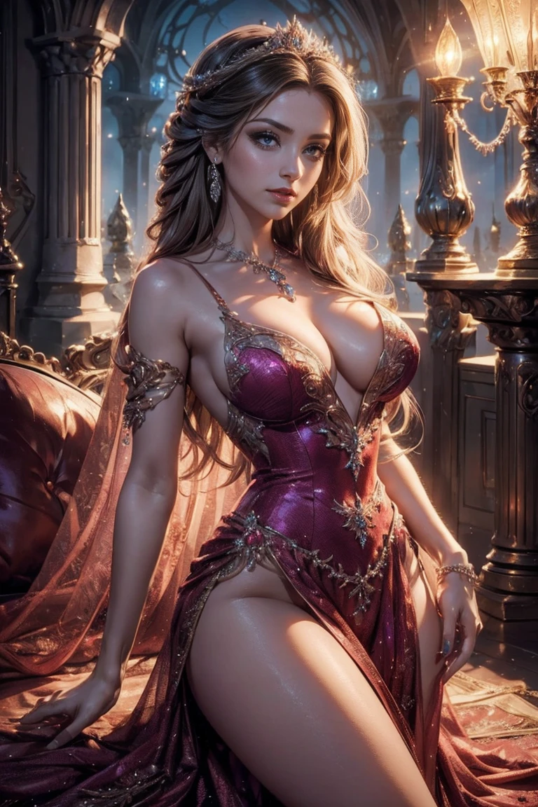 best quality,high-res,elegant gown,show skin,breasts,cleavage,fantasy,mythical,dramatic lighting,intense colors,beautiful detailed eyes,beautiful detailed lips,longeyelashes,nude body 