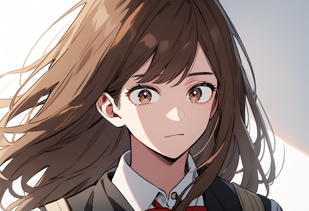 Japanese, faith model,  looking at the camera from the front ,  long hair ,  brown hair, brown eyes,  school uniform, thoughtful look, My Hero academia, white background