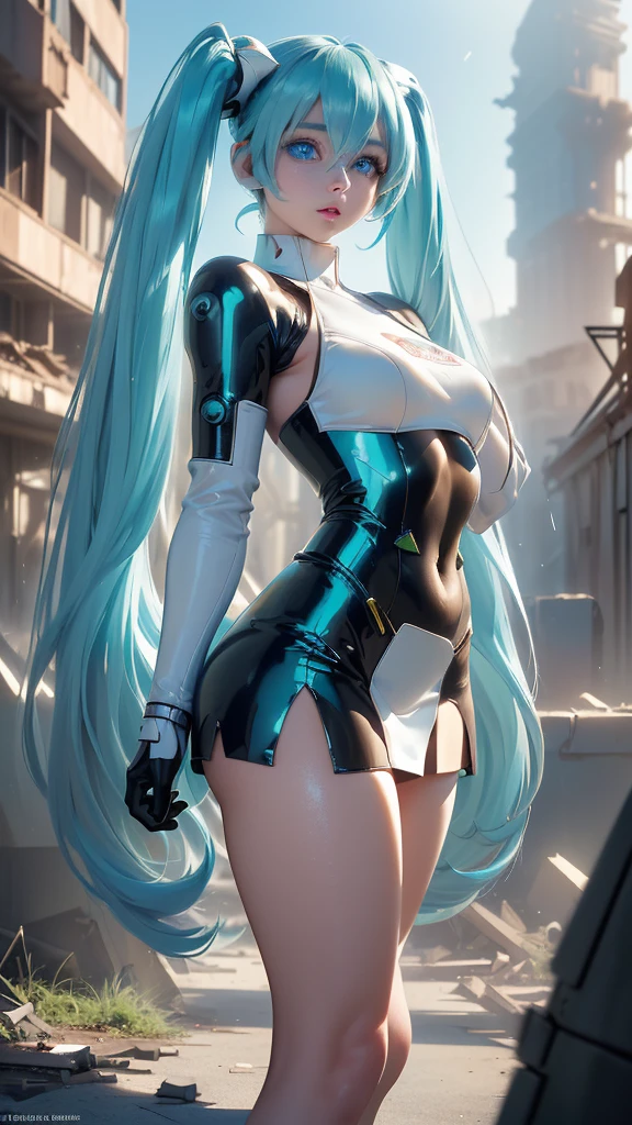 ( Best quality ,A high resolution,Ultra - detailed,actual), Miku Hatsune, ,(Ruined alley Tokyo cyberpunk dungeon ruins background :1.4 ),  Big breasts , dynamic pose , (green hair twin tails) ,(white short miniskirt:1.4), very long hair) , Put your arms behind your back, ( beautiful blue eyes:1.4) , relaxed face, eyebrow hair, Shiny hair,,(Background of dungeon ruins in ruins:1.4 ),  shiny skin, a slight smile, racing miku, black body, short jacket, white jacket, long sleeve, two tone gloves, thigh high boots,TOPLESS, show nude tits,(Background of dungeon ruins in ruins nublado lluvia :1.4 ),( masterpiece : 1.4), (8K, realistic, raw photo,  Best quality : 1.4),(Miku Hatsune:1.4), (Miku-hatsune V2.1), (details of the face: 1.5, ( beautiful blue eyes  :1.4) , ( beautiful face, thin lips: 1.5) , delgado, pale and sharp eyebrows, long, dark eyelashes, Double eyelashes), perfect hands : 1.5, (Kinematics V2.1),( dynamic pose), (perfect anatomy), (detailed face :1.4), (no mutations) 