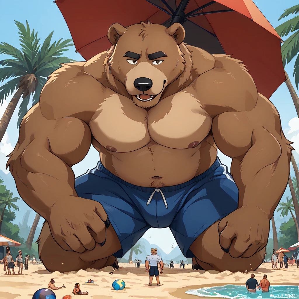 verwirrtes  grizzly bear seam Gesicht,Humanity, shirtless , ( grizzly bear seam),pummelig, brown thick beard, (  black eyebrows  :1.1),(perfect eyes)， Does a swimming trunks  ,（artist:takemoto arashi)，paw，（bart :1.3），（Swimming trunks :1.4) ,  grizzly bear seam,(Massiv:6.0, (  heavyweight ,stark,Macro, Emphasize )),  background  ((, Stranhäuser ,  Raise little speech , small umbrellas,  the crack in the road,  small palm trees , strand, sea)), trying to pick up a macro golden retriever, kneeling 