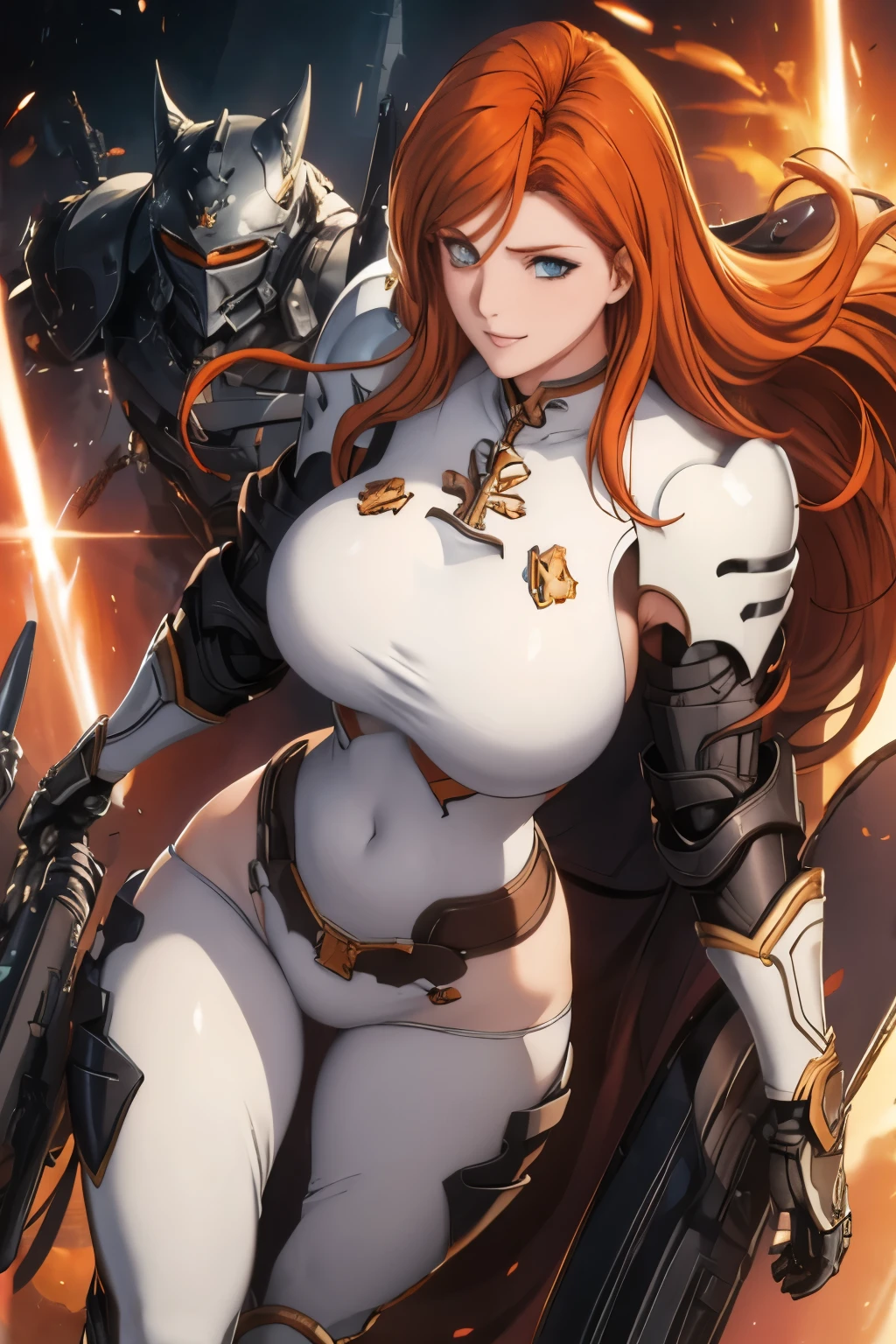 Woman , long orange hair, ginger hair, blue eyes, smiling, White mech armor, black pants, big boobs, wide hips, large thighs,