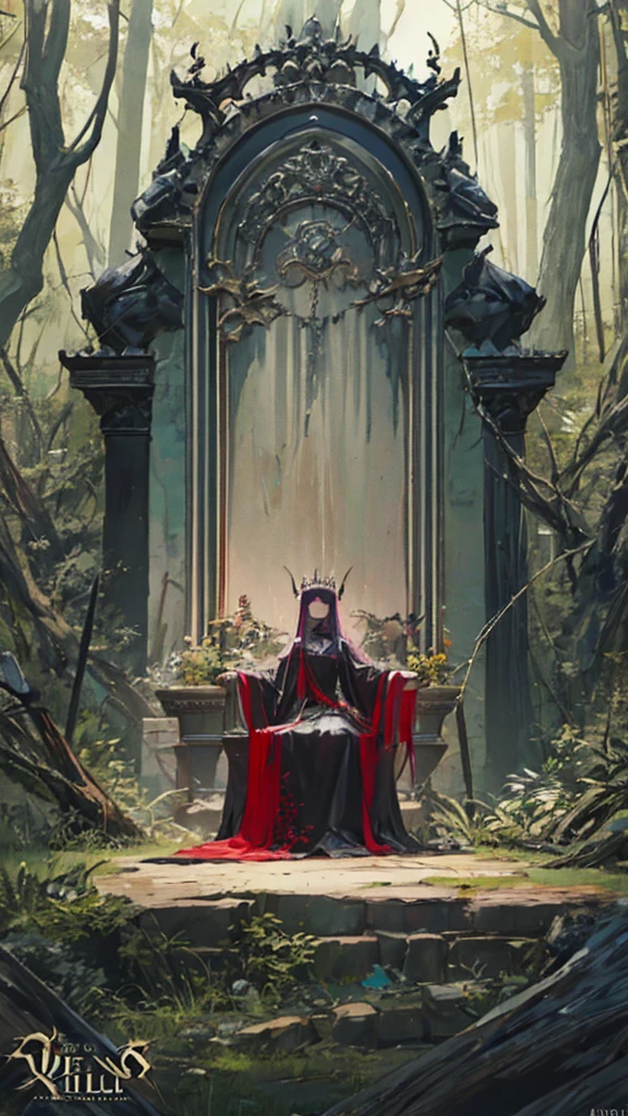 Picture of a throne with many people sitting, Queen of Hell, from  arknights, Diablo 4 Queen , Goddess of the Underworld,  Standing in a Forest ,  arknights, Evil Goddess, Queen of Darkness, Jan J,  anime epic artwork ,  anime fantasy artwork, Dark fantasy art, Queen of Hell,  fanart best artstation 