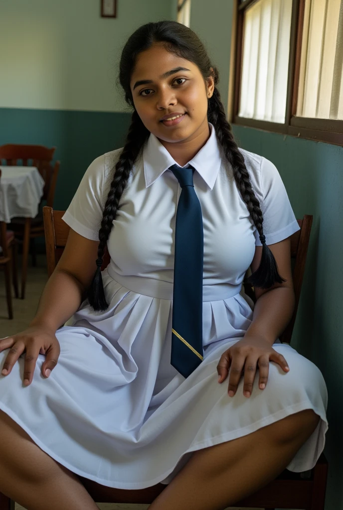 beautiful cute Sri Lankan 21 years old school girl, in barefoot, Large breast size , 20 years old, wearing a white frock and a dark blue tie. She has plaits, black braided long hair, cinematic lighting, glowing, movie filter, moody effect, thick body, beautiful Indian face, sitting on a chair, Sri Lankan school dancing room environment. full body shot