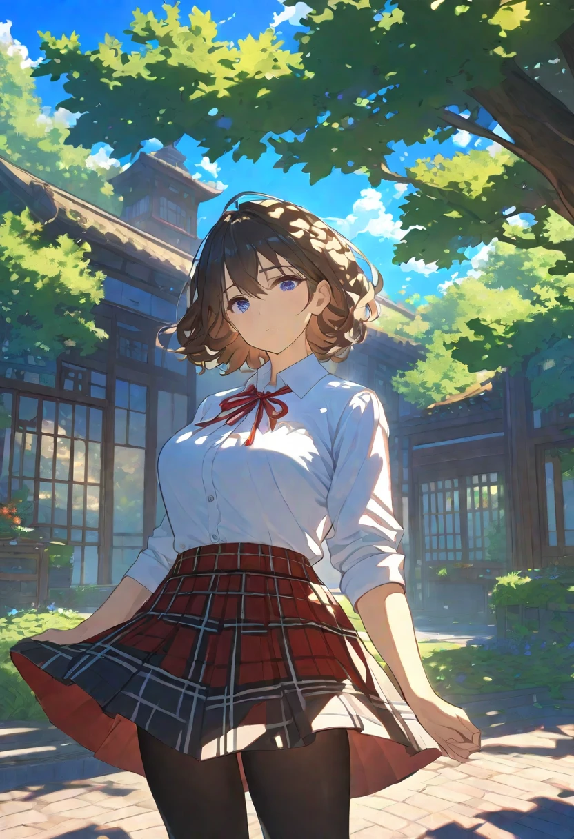 Masterpiece, hdr, bloom, 4k, Anime-style illustration featuring a beautiful female student, very short hair:1.5, dark brown hair, styled, bangs between eyes, she has a gentle, soft expression with large, slightly downturned eyes, giving her a calming and approachable aura, large breast, She is wearing a formal school uniform consisting of a black blazer, white shirt, red neck ribbon, red plaid skirt, and black pantyhose. reflecting her reserved but comforting personality, The background is a serene school courtyard during a sunny day, with trees, a blue sky, and soft sunlight filtering through, creating a peaceful and bright atmosphere. The style is detailed and vibrant, evoking a classic anime scene, cowboy shot, looking at viewer