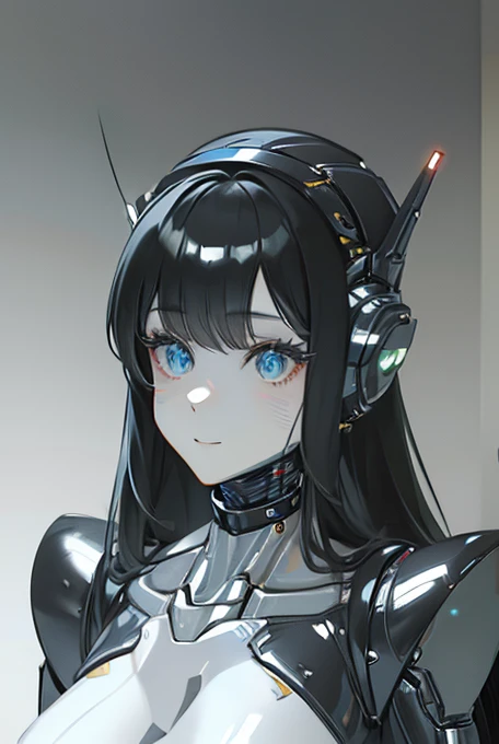 (masterpiece),(Highest quality),(Super detailed),(Best illustrations),(Best Shadow),(Absurd),(Detailed Background),(so beautiful), 16K, 8K, 4K,(Best Shadow),robotization,woman ,big bust,Robot Joint ,Metal skin,Black robot Suit,long hair,a black robot suit that covers the whole body,robot hand,cyber bodysuit,mecha head,(Detailed hands and fingers:1.2),Ball joint robot body,doll joint,beautiful face,beautiful robot girl,robotic eye,robotic hands,(no more human skin),android girl,cyborg girl,F cup, sexy body,(machine made joints:1.2),(machanical limbs:1.1),(blood vessels connected to tubes),(mechanical vertebra attaching to back),(mechanical cervial attaching to neck),no messy picture style,no emotion,tech control,black robot suit,maintenance,smile,robot maid