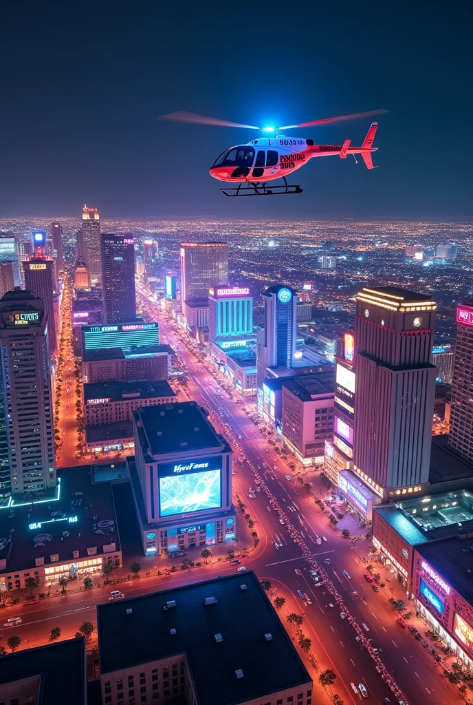 Realistic, theme is "Neon City at Night", Las Vegas, Nevada, USA, glittering night city, police helicopter patrolling the skyline above the city, city view from a helicopter, sophisticated design, advanced lighting technology, 8K quality live-action photos