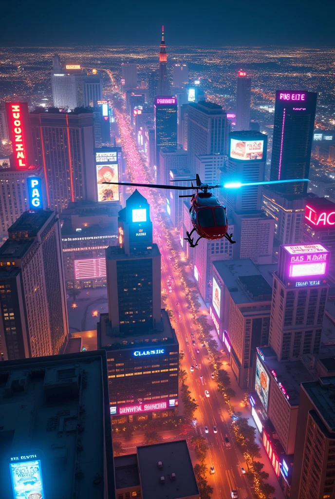 Realistic, theme is "Neon City at Night", Las Vegas, Nevada, USA, glittering night city, police helicopter patrolling the skyline above the city, city view from a helicopter, sophisticated design, advanced lighting technology, 8K quality live-action photos