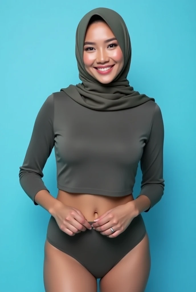 ((GREEN FLUORESCENT LIGHTENING)), ((BEAUTY HIJAB STYLISH)), realisitic、(top-quality), d malay women、Realistic 20 year old dark skin malay face girl, dark skin、wife, mother, (((beautiful nippleeavage is posed、Erotic panties、kitchsy kitcSex in cowgirl position))、((Colos tits:1.4)) 、((Very small face))、all-s,Professional bright lighting、Leans forward heavily、Face kissing、erotick、((Chibi girl in loli))、Pale blue blouse、gym shorts, ((se face)), smile