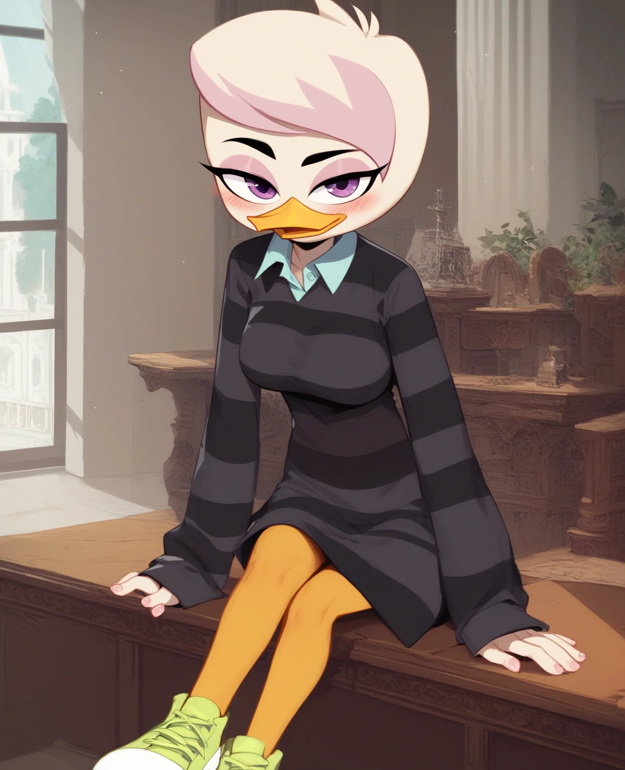  a girl , femenino, Alone,  hairy, specific, beak, lena sabrewing, young, piel Blanca,  white hair with pink details ,  short hair, orange legs, sneakers,  purple eye shadow , Dress shirt, dark clothes,  striped sweater , long sleeves,  Big breasts , inside, mansion, sitting,  Half-closed eyes , flirty eyes , blush,  High resolution, 