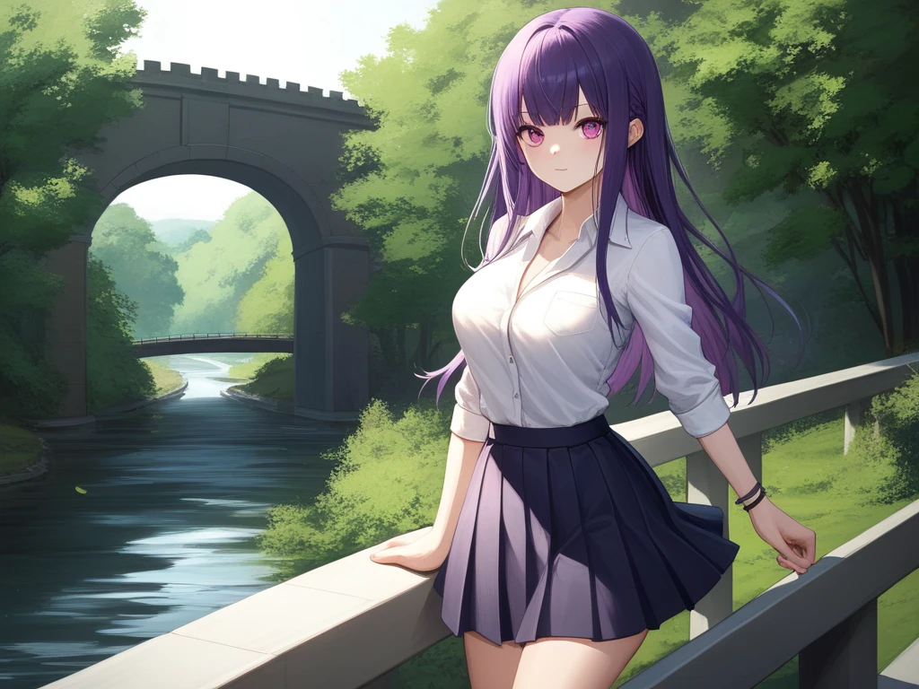 score_9, score_7_up, solo, outdoors, bridge, 
1girl, hijirimariko, purple hair, large breasts, shirt, skirt, looking at viewer, 