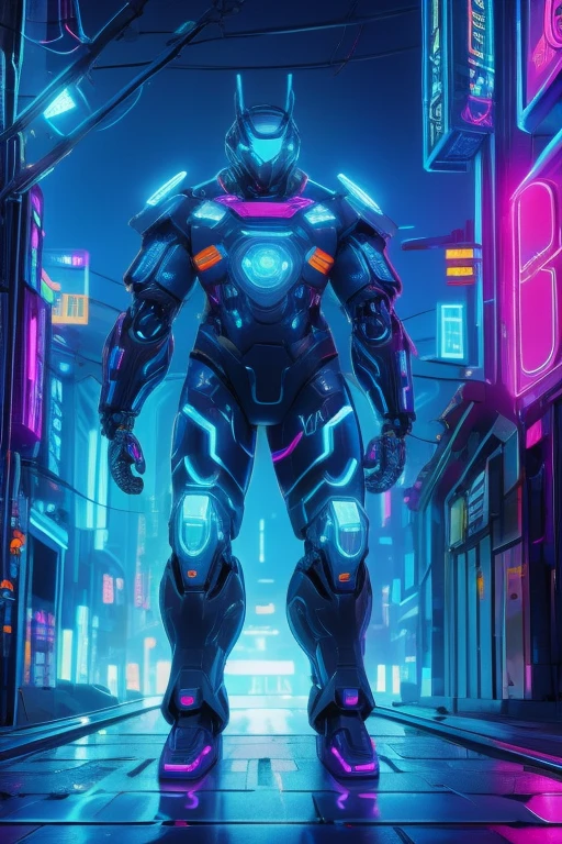 Full body view of .Neon Illuminated Cities of the Future . 1 male..Wear tech armor. Cyberpunk Walks the Streets, Mechanical Miracles,exist,Cybernet Guardian ,Mecha suit,