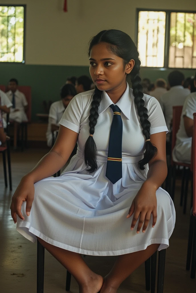 beautiful cute Sri Lankan  school girl, in barefoot, Large breast size , 20 years old, wearing a white frock and a dark blue tie. She has plaits, black braided long hair, cinematic lighting, glowing, movie filter, moody effect, thick body, beautiful Indian face, sitting on a chair, Sri Lankan school dancing room environment. full body shot, vintage camera filter