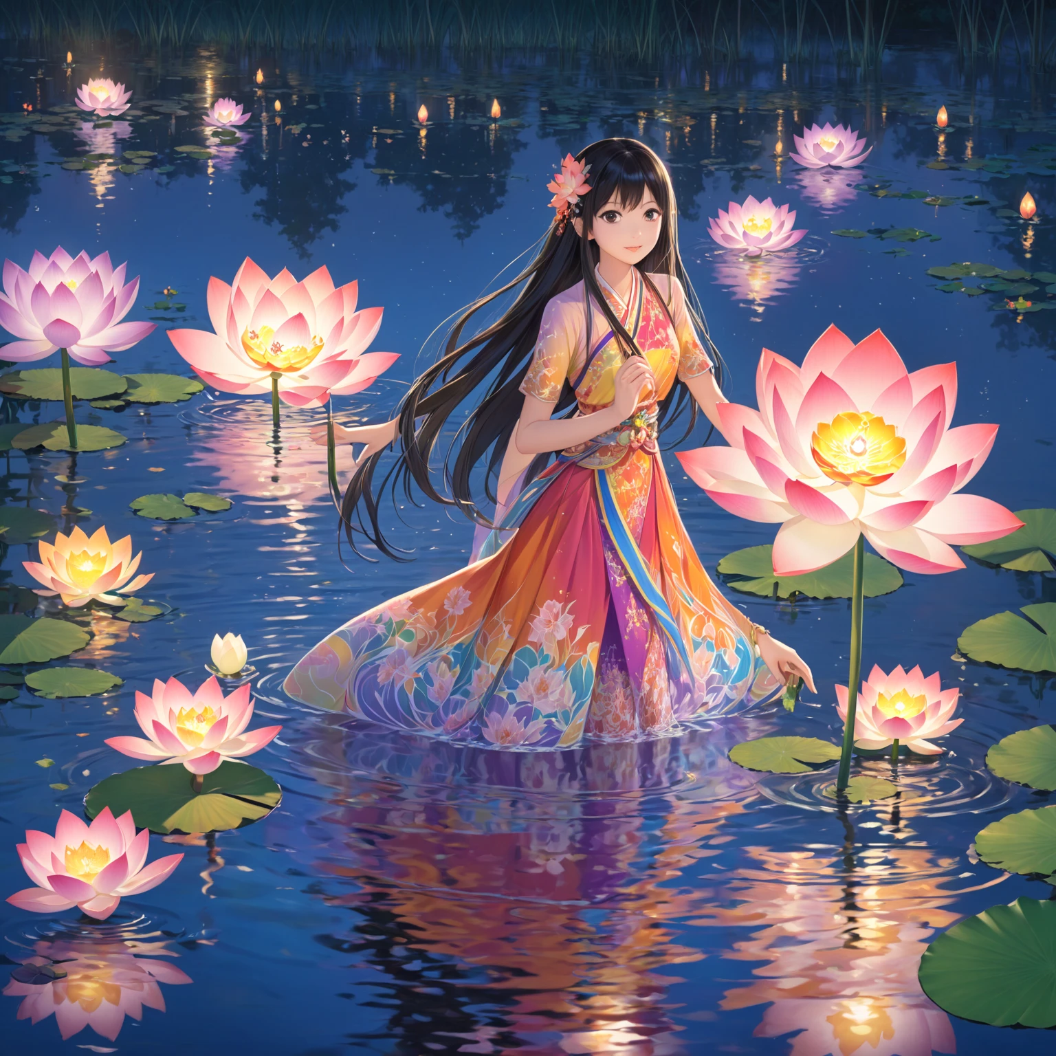 "An anime girl stands by the river at a floating event, wearing a brightly colored applied Thai dress, with long and straight hair, with a krachin in her hand. Inside the image is an evening with candlelight reflected in the water and lotus flowers floating with a krill."

