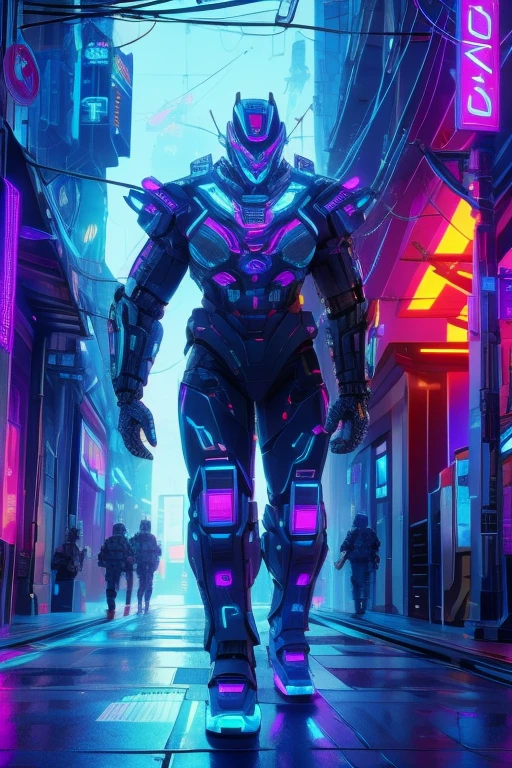 Full body view of .Neon Illuminated Cities of the Future . 1 male.Medium build.Army Soldier .Wearing armor. cyberpunk . Walking down the street .Mechanical wonder,,Cybernet Guardian , Halloween Mix Up Dark Style,