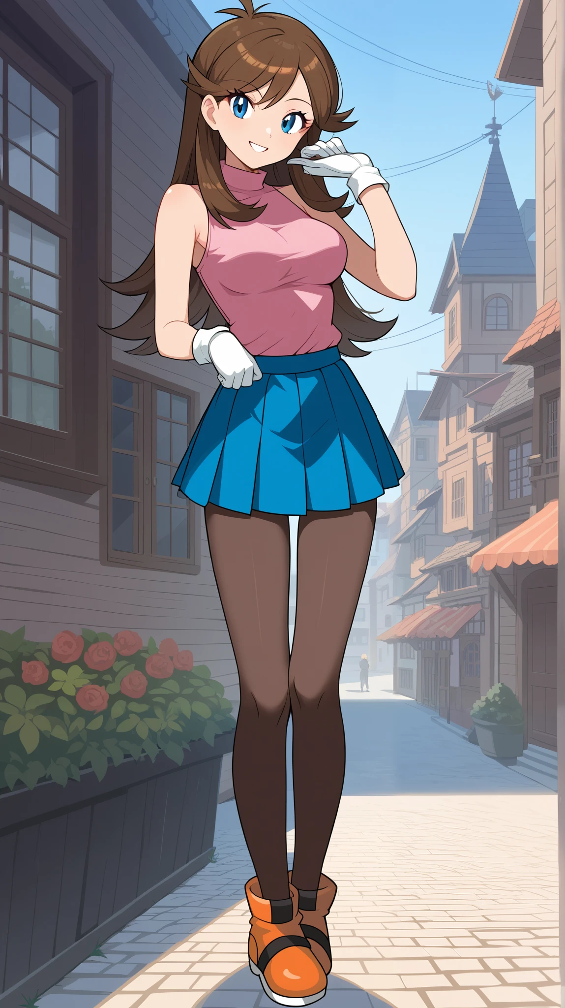  score_9,  score_8_Excellent,  score_7_Excellent,  score_6_Excellent, Best Quality, sauce_Anime,  cell shading ,  flat color, vector,  detailed background , town, building,  break 1 girl , Alone, (\ Pokémon\), Brown Hair, Long Hair,  blue eyes,  black knee-high stockings, Ample breasts,  Viewers, 1 Female, Age 18,  is standing, whole body,  Slim Body , smile, Outdoor,  seductive smiles from all around, 挑発的なsmile,  pink sleeveless shirt without gloves,  green pleated mini skirt without gloves, Absolute territory,  put one hand on the lower back ,  tall, Orange shoes, bare hands, No gloves,
