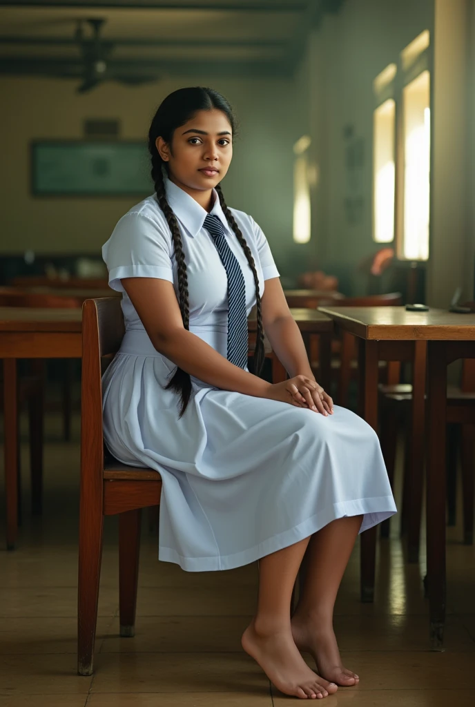 beautiful cute Sri Lankan  school girl, in barefoot, Large breast size , 20 years old, wearing a white frock and a dark blue tie. She has plaits, black braided long hair, cinematic lighting, glowing, movie filter, moody effect, thick body, beautiful Indian face, sitting on a chair near to a table, Sri Lankan school dancing room environment. full body shot, vintage camera filter