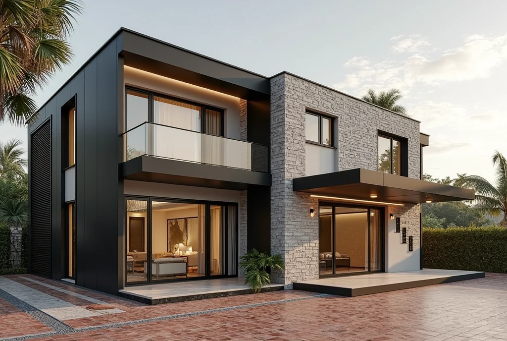  Facade design of a flat house with a layout free lump .  The house is 45 feet long and 80 feet wide , with car parking .  The design should include elements such as stone cladding walls and dark gray painted walls, extended awning.  The overall style should be modern and elegant ,  with an asymmetrically balanced and modern look ,  in front of it is a large courtyard paved with red ceramic tiles , daytime environment at noon ,  sunlight through the trees to create a very beautiful shimmering shadow on the walls of the house,  warm light emanating from inside the house :1.2 