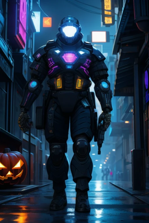 Full body view of .Neon Illuminated Cities of the Future . 1 male.Medium build.Army Soldier .Wearing armor. cyberpunk . Walking down the street .Mechanical wonder,,Cybernet Guardian , Halloween Mix Up Dark Style,