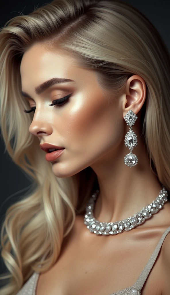Pretty blonde girl , pretty detailed hazel eyes, pretty detailed face, detailed lips, realistic detailed skin, slim with small waist and nice body, long hair realistic, wearing black dress with pearls at a party holding champagne glass in her hand ,super pretty girl, attractive and beautiful girl, highly detailed, ultra realistic