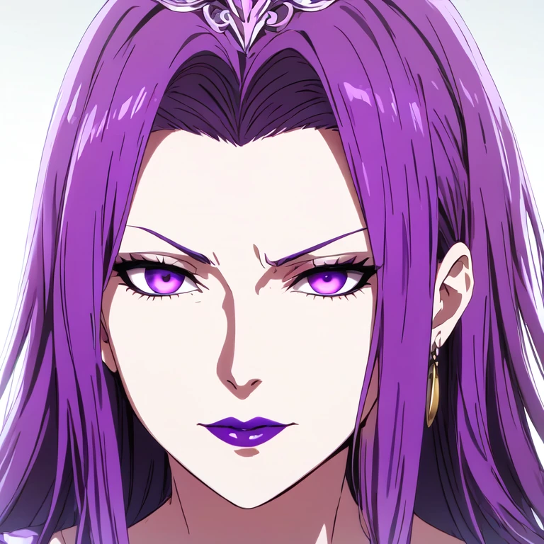 a mature adult woman with a serious and villainous expression with long straight purple hair and intense purple eyes, beautiful purple lips, wearing a type of headband or accessory on her head, it could be made of metal or jewelry. detailed face, greek goddess, white background, best quality, high resolution.