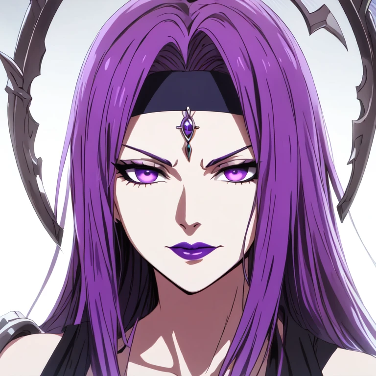 a mature adult woman with a serious and villainous expression with long straight purple hair and intense purple eyes, beautiful purple lips, wearing a type of headband or accessory on her head, it could be made of metal or jewelry. detailed face, greek goddess, white background, best quality, high resolution.