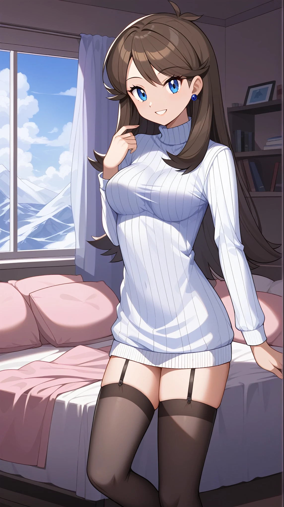  score_9,  score_8_Excellent,  score_7_Excellent,  score_6_Excellent, Best Quality, sauce_Anime,  cell shading ,  flat color, vector,  detailed background , indoor, bedroom,  bed, indoor,  break 1 girl , Alone, (\ Pokémon\), Brown Hair, Long Hair,  blue eyes,  black knee-high stockings , Ample breasts,  Viewers, 1 Female , Age 18,  sexy pose , whole body,  Slim Body , Midnight,  seductive smiles from all around,  provocative smile, white long sleeve vertical stripe sweater, Absolute territory,  putting one hand on the waist ,  is standing,  tall, bare hands, No gloves, Moe sleeves, blue earring