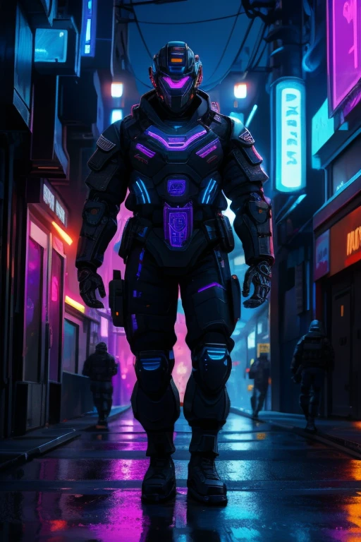 Full body view of .Neon Illuminated Cities of the Future . 1 male.Medium build.Army Soldier .Wearing armor. cyberpunk . Walking down the street .Mechanical wonder,,, Halloween Mix Up Dark Style,