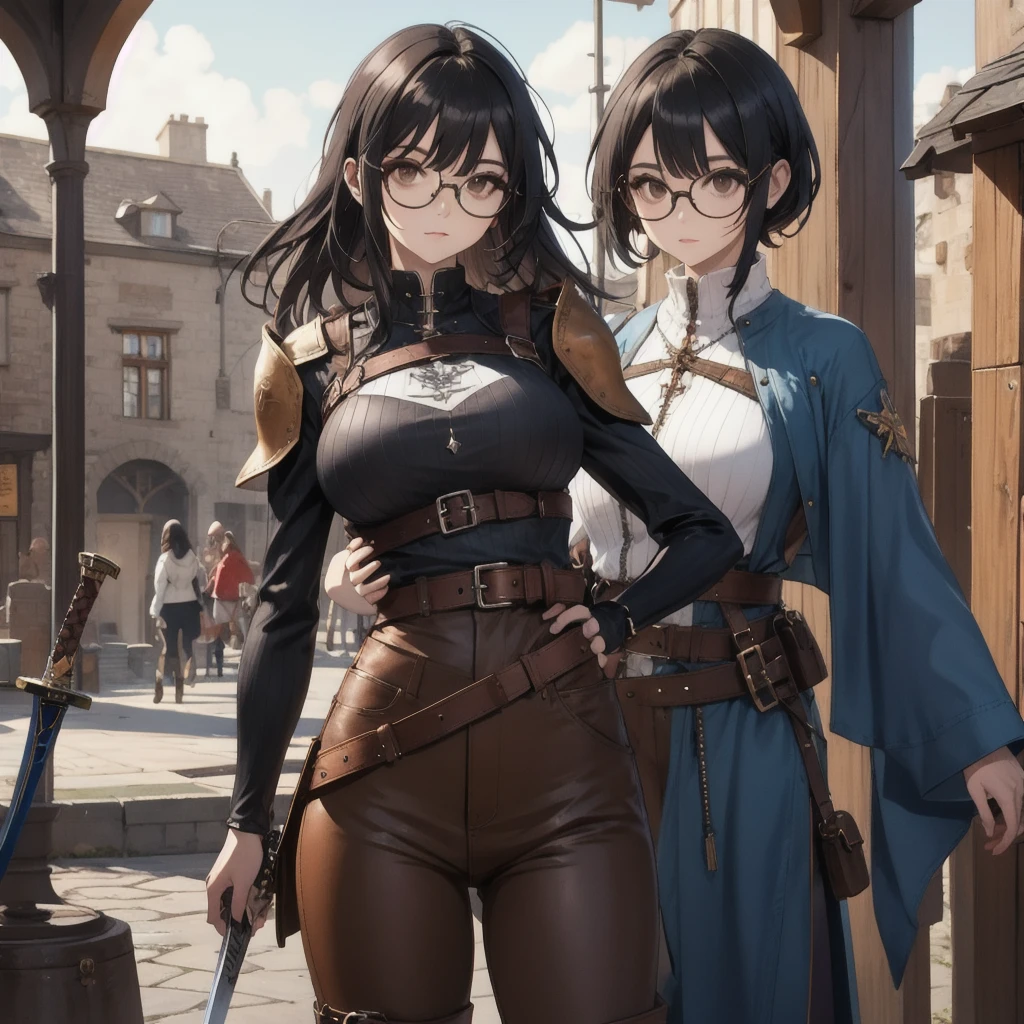 girl,  black hair , wearing glasses,  brown leather top ,  brown leather pants, boots,  Big breasts ,  medieval scenery ,  metal shoulder pads ,  leather strap , sword at the waist (At the hem ), dagger at the waist, One-sided cover.
