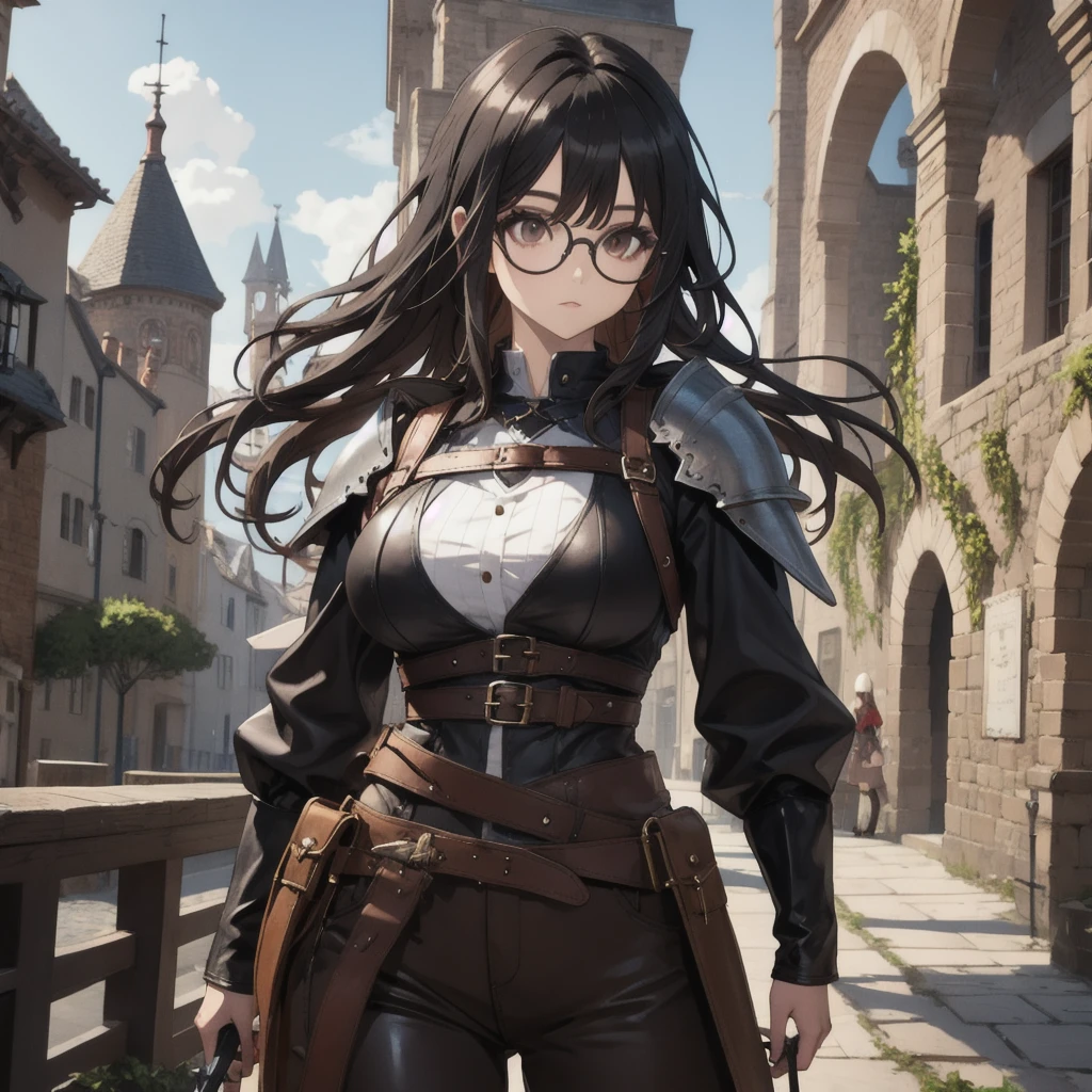 girl,  black hair , wearing glasses,  brown leather top ,  brown leather pants, boots,  Big breasts ,  medieval scenery ,  metal shoulder pads ,  leather strap , sword at the waist (At the hem ), dagger at the waist, One-sided cover.
