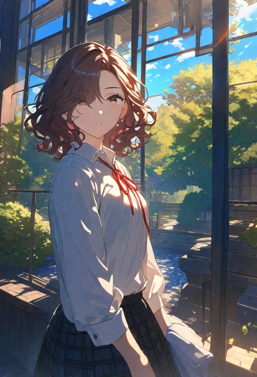 Masterpiece, hdr, bloom, 4k, Anime-style illustration featuring a beautiful female student, madokahiguchi, short hair, dark brown hair, eyebrows hidden by hair, wavy hair, mole, mole under eye, brown eyes, she has a gentle, soft expression with large, slightly downturned eyes, giving her a calming and approachable aura, large breast, She is wearing a formal school uniform consisting of a black blazer, white shirt, red neck ribbon, red plaid skirt, and black pantyhose. reflecting her reserved but comforting personality, The background is a serene school courtyard during a sunny day, with trees, a blue sky, and soft sunlight filtering through, creating a peaceful and bright atmosphere. The style is detailed and vibrant, evoking a classic anime scene, cowboy shot, looking at viewer