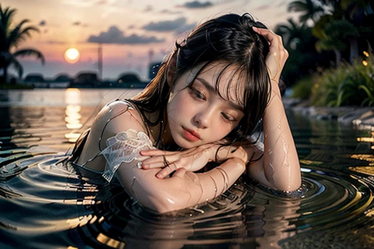 A young woman in a light lace dress is lying on her side, immersed in water, viewed from a low angle amidst the golden glow of sunset. Her long brown hair, damp and flowing with the water, surrounds her among reeds and water plants. One hand rests gently on her head, as if she is lost in thought or daydreaming. Her face is relaxed, with closed eyes, while the sky and the water's surface reflect the warm orange hues of the setting sun.