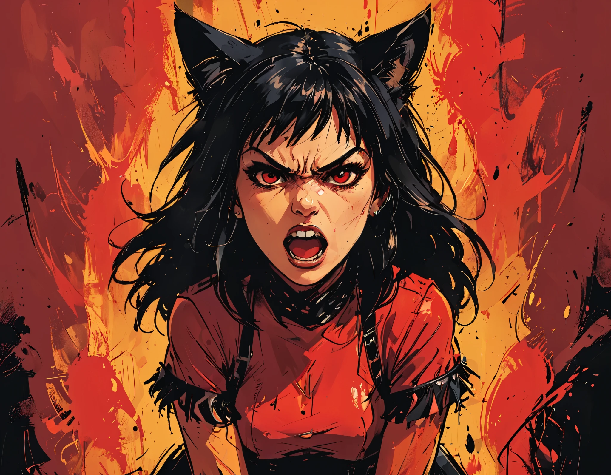 ((((yelling, very angry, red, rage)) A woman)), black hair, fringe, cat ears, red eyes, clenched cuffs close to the mouth , macro,  close,  graphic style comic book , 2d, 8K, hyperrealism, masterpiece,  High resolution,  Best quality ,  pompous skirt,  super realistic ,  hyperrealistic art, High-quality, ultra  High resolution,  more detailed, Many details, Detalles de extremadamente  High resolution, Incredibly realistic, showy,  soft cinematic light ,