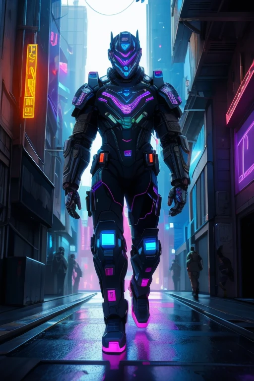 Full body view of .Neon Illuminated Cities of the Future . 1 male.Medium build.Army Soldier .Wearing armor. cyberpunk . Walking down the street .Mechanical wonder,,, Halloween Mix Up Dark Style,