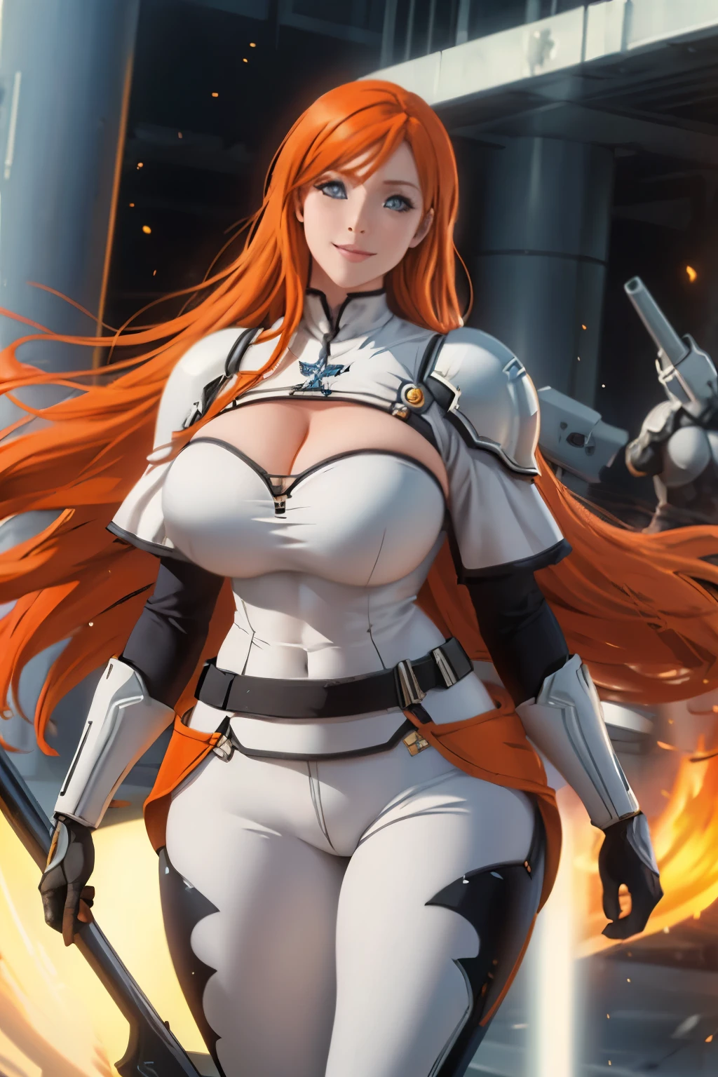 Woman , long orange hair, ginger hair, blue eyes, smiling, White mech armor, black pants, big boobs, wide hips, large thighs,