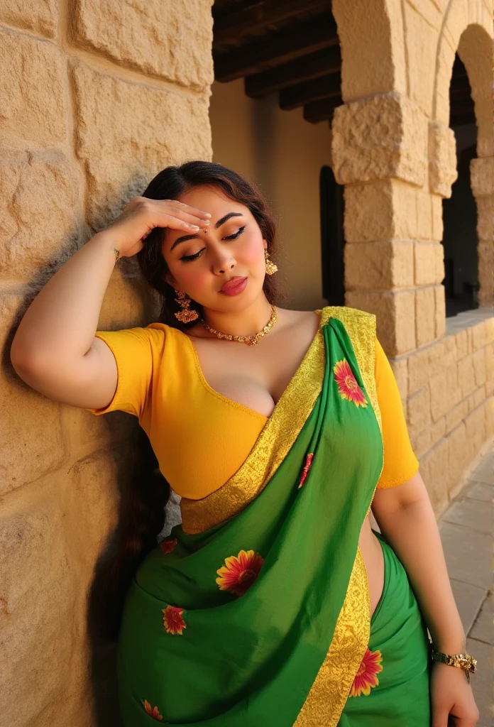 A serene South Asian woman, adorned in a vibrant green saree with yellow borders and floral patterns, leans against a rustic stone wall beneath a warm, golden light. Her fair skin tone glows against the rich hues of her attire, accentuating her voluptuous figure. The plunging neckline of her bright yellow blouse showcases her prominent breasts, while her long, dark hair is stylishly braided and draped over her shoulder. A delicate nose ring and intricate gold jewelry adorn her face, punctuating the soft features of her closed, contemplative eyes, which are framed by thick eyelashes. A subtle, gentle touch of her left hand on her forehead conveys a sense of calm and introspection, as if she is lost in thought or posing for the camera. The background, with its distinctive stone and wood elements, suggests a traditional Indian courtyard or rural setting, bathed in the soft, warm glow of late afternoon or early evening. A warm, golden light spills over the scene, casting long shadows and imbuing the atmosphere with a sense of tranquility and cultural richness. The overall color palette, with its emphasis on greens, yellows, and reds, evokes a sense of festivity and celebration. Cinematographically, the scene is reminiscent of the works of legendary director, Satyajit Ray, with its emphasis on natural light, subtle camera movements, and attention to detail. The film grain is subtle, with a slight texture that adds to the organic, earthy feel of the scene. Color grading is warm and natural, with a slight enhancement of the vibrant colors to create a sense of depth and dimensionality. The camera is positioned at a slight angle, looking up at the woman, creating a sense of intimacy and closeness. With a focus on the woman's serene expression and the rustic beauty of the background, the scene is a perfect blend of cultural authenticity and artistic expression, as if captured straight from the pages of a classic Indian novel or film.<|im_en