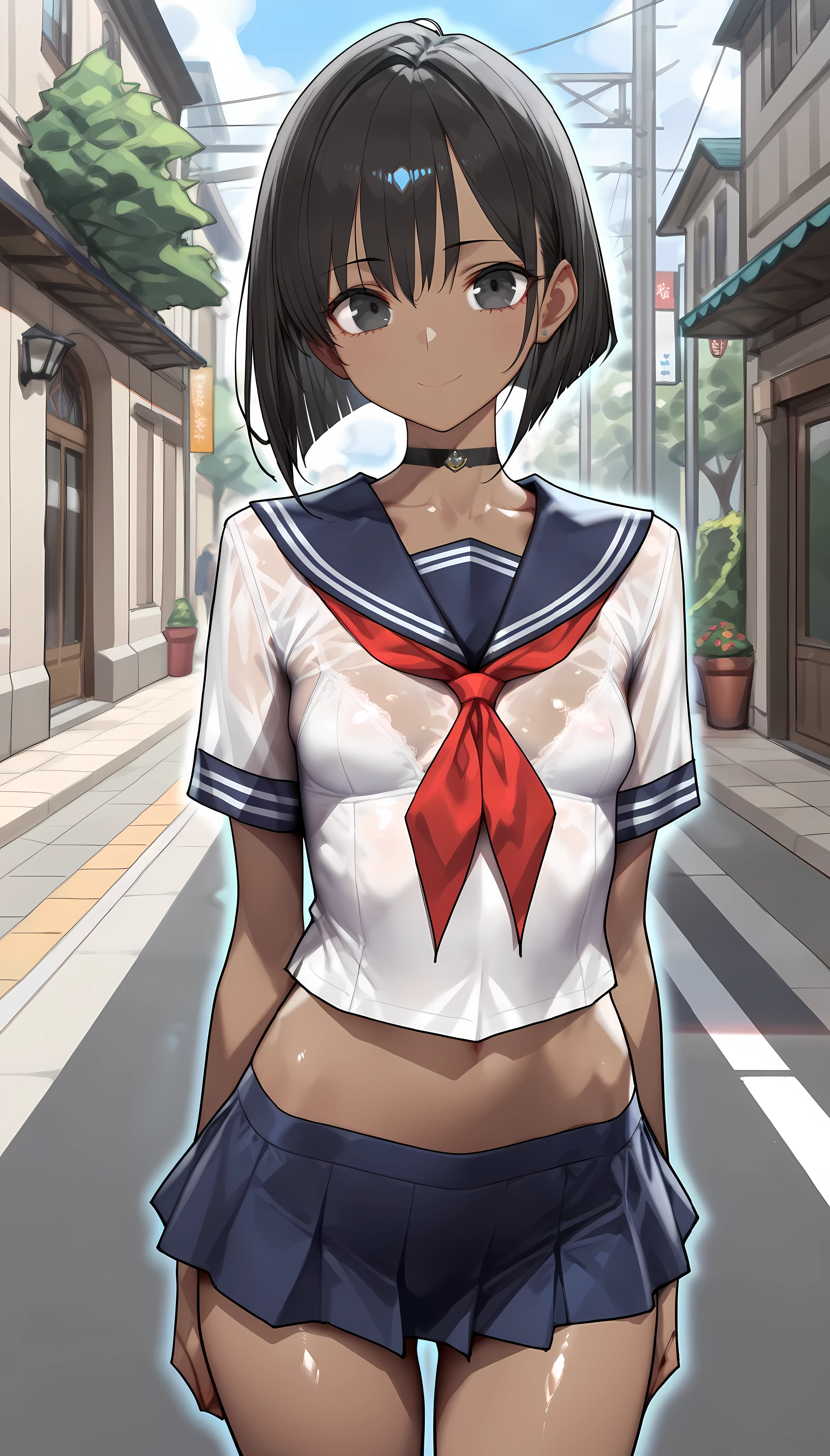 ((best quality)), ((masterpiece)), (detailed), (((perfect face))), ((slender  girl)), (((wearing dark blue pleated skirt))), ((((topless))), (((small medium breasts))), (((bare shoulders))), (((bare stomach))), (((bare arms))), ((brunette)), ((ponytail)), (((shy:1.3))) ((blushing:1.5)), ((skinny thighs)), ((skinny hips)), (((standing))), (((girl looking away))), (((giant brick building))), (((huge set of stairs)))