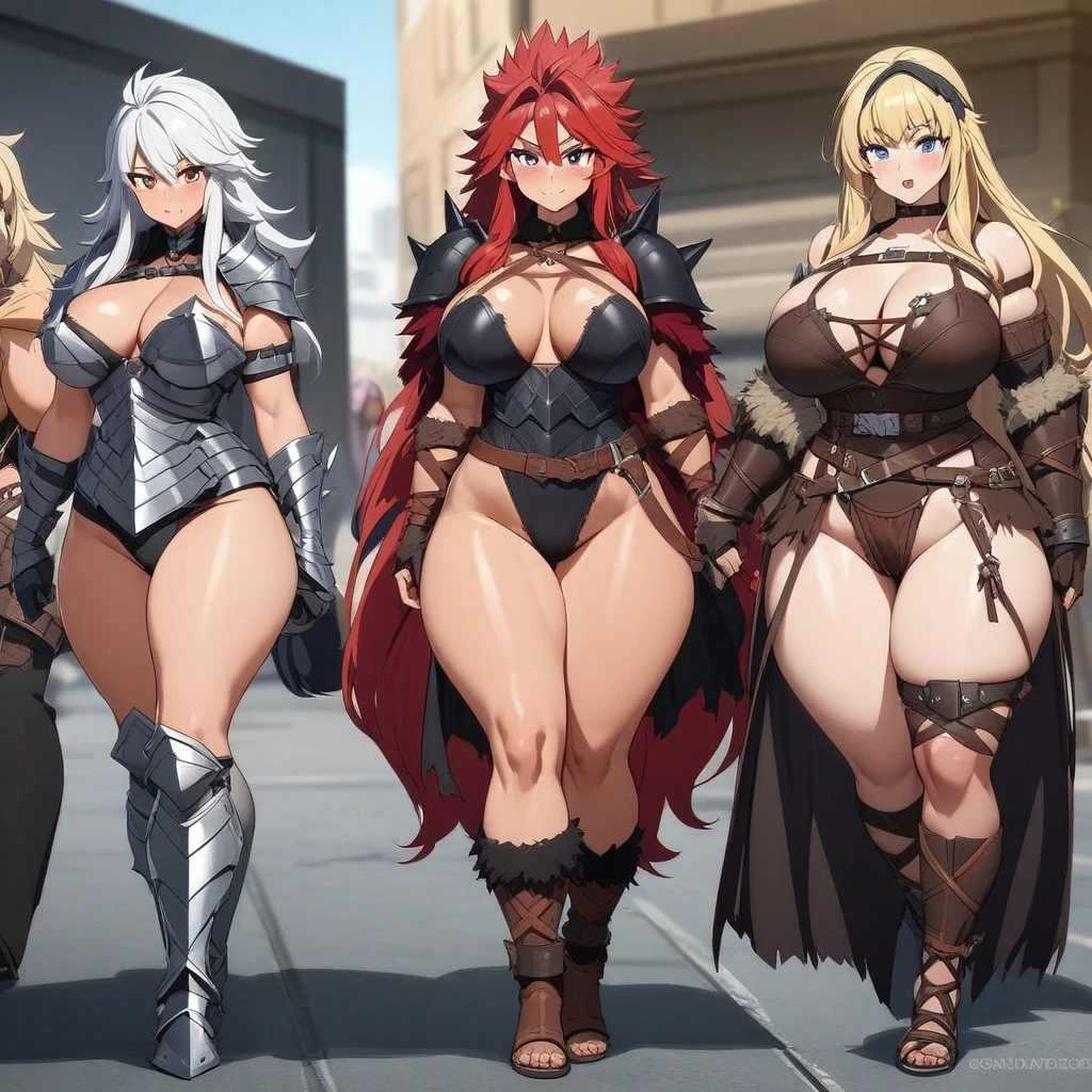 Anime, high detailed, multiple girls, barbarian girls, Barbarian's armor (( berserker)), long spiked hair, curvy body