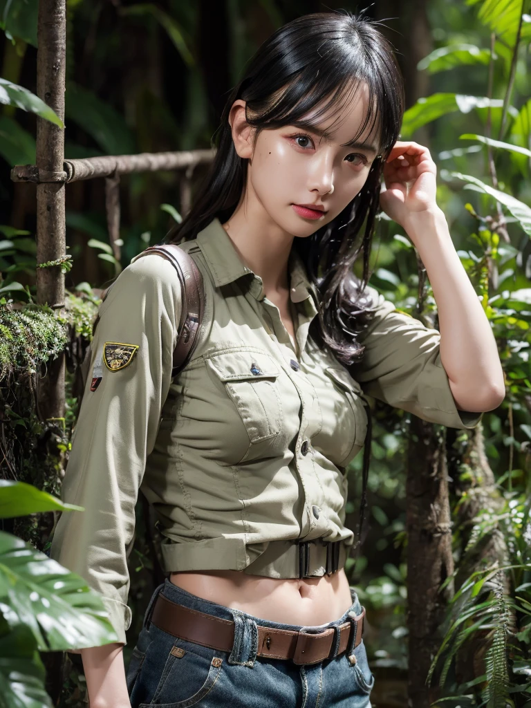 cargo pants, wet, belt, jungle, small breast, extremely detailed eyes, extremely detailed face, best quality, extremely detailed, one person, one girl, ultra-detailed, (realistic, photo-realistic:1.3)