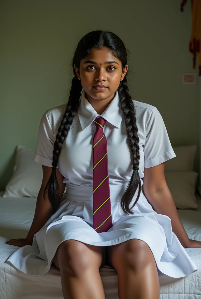 beautiful cute Sri Lankan school girl, in barefoot, Large breast size , medium size body, , wearing a white frock and a colored tie. She has plaits, black braided long hair, cinematic lighting, glowing, movie filter, moody effect, thick body, beautiful Sri Lankan girl face, dark skin tone, oily skin, sitting on the bed