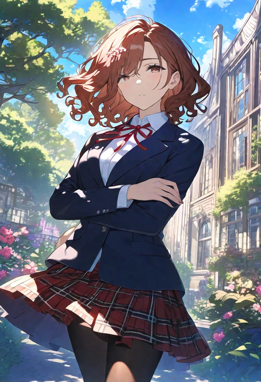 Masterpiece, hdr, bloom, 4k, Anime-style illustration featuring a beautiful female student, madokahiguchi, madoka_higuchi, short hair, dark brown hair, eyebrows hidden by hair, wavy hair, mole, mole under eye, brown eyes, she has a gentle, soft expression with large, slightly downturned eyes, giving her a calming and approachable aura, large breast, She is wearing a formal school uniform consisting of a black blazer, white shirt, red neck ribbon, red plaid skirt, and black pantyhose. reflecting her reserved but comforting personality, The background is a serene school courtyard during a sunny day, with trees, a blue sky, and soft sunlight filtering through, creating a peaceful and bright atmosphere. The style is detailed and vibrant, evoking a classic anime scene, cowboy shot, looking at viewer