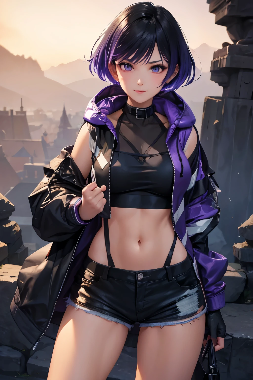 (8k, raw photo, masterpiece, extremely detailed, best quality, professional lighting, high res), BREAK beautiful and adorable girl, reina, purple eyes, sharp eyes, multicolored hair, choker, purple jacket, see-through, black shirt, black shorts, fingerless gloves, pantyhose, (tall height, round face, round chin, grown up looks:1.2), fighter, strong willed, arrogant, BREAK outdoor, (dark:1.3), dark world, rocky area, barren land, BREAK she is looking down the viewer, arrogant smile