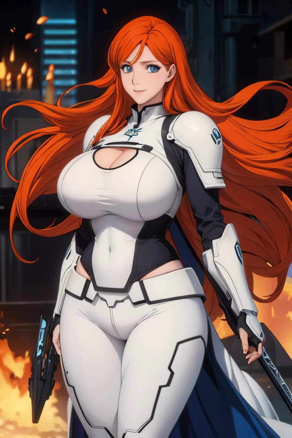 Woman , long orange hair, ginger hair, blue eyes, smiling, White mech armor, black pants, big boobs, wide hips, large thighs,