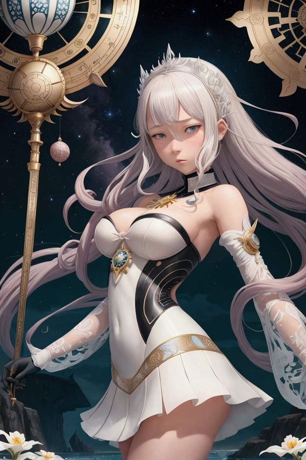 (girl1), (anime), white, with long green hair, jade green eyes, an 18 year old woman, with white stockings and a sexy dress, wearing a heroine costume consisting of a white sleeveless swimsuit with purple details and a yellow crescent moon on his chest. She also wears purple high boots, white gloves with spikes and metal plates on her waist and feet, look at her (breast size, they are size AAAA+:1.5),(With),+, (((three necklaces on the neck, the necklace on the left of the neck has a golden necklace with a jade jewel in the middle and the necklace in the middle of the neck has a silver necklace with a blue jewel in the middle and And the necklace on the right of the neck has a crystalline necklace with a pink jewel in the middle)))