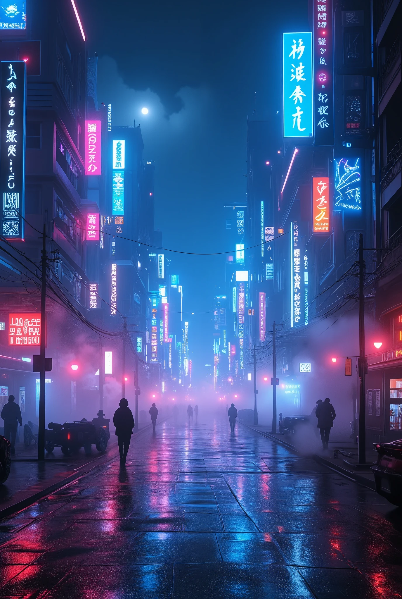 A breathtaking neon-lit street at night in a futuristic cyberpunk city. Tall skyscrapers with holographic billboards and vibrant neon signs illuminate the street with intense colors—electric blues, pinks, and purples. The atmosphere is filled with detailed fog, casting soft glows and reflections that enhance the sci-fi vibe. Shadows and light dance across the ground, reflecting off wet pavements. Hints of flying vehicles and futuristic architecture create a sense of otherworldly technology. The intricate details of neon lights, mist, and shadows blend together to create a surreal, immersive sci-fi scene, filled with mystery and futuristic energy,
