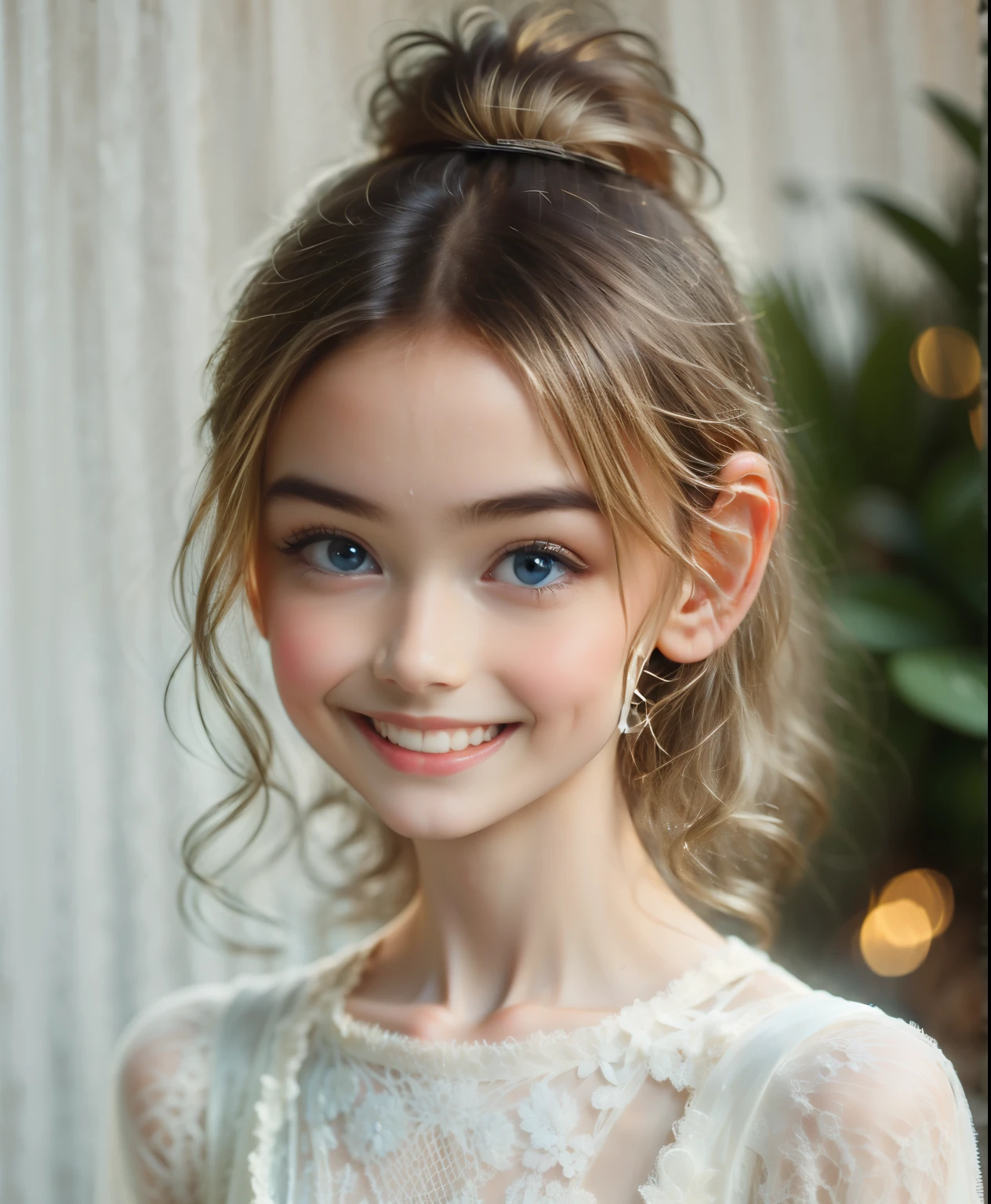 8k,masterpiece,a close up of a young girl wearing a neat white dress, BEAUTIFUL YOUNG GIRL , BEAUTIFUL YOUNG MODEL ,(((10yo))), cute ,Small face,double eyelid, LONG BLOND WITH SMOOTH HAIR, LARGE LIGHT BLUE EYES ,smile, beautiful white teeth