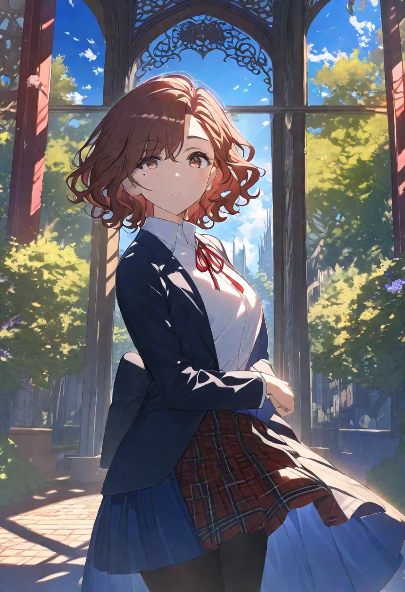 Masterpiece, hdr, bloom, 4k, Anime-style illustration featuring a beautiful female student, madokahiguchi, madoka_higuchi, short hair, dark brown hair, eyebrows hidden by hair, wavy hair, mole, mole under eye, brown eyes, minigirl, soft expression with large, slightly downturned eyes, giving her a calming and approachable aura, large breast, She is wearing a formal school uniform consisting of a black blazer, white shirt, red neck ribbon, red plaid skirt, and black pantyhose. reflecting her reserved but comforting personality, The background is a serene school courtyard during a sunny day, with trees, a blue sky, and soft sunlight filtering through, creating a peaceful and bright atmosphere. The style is detailed and vibrant, evoking a classic anime scene, cowboy shot, looking at viewer