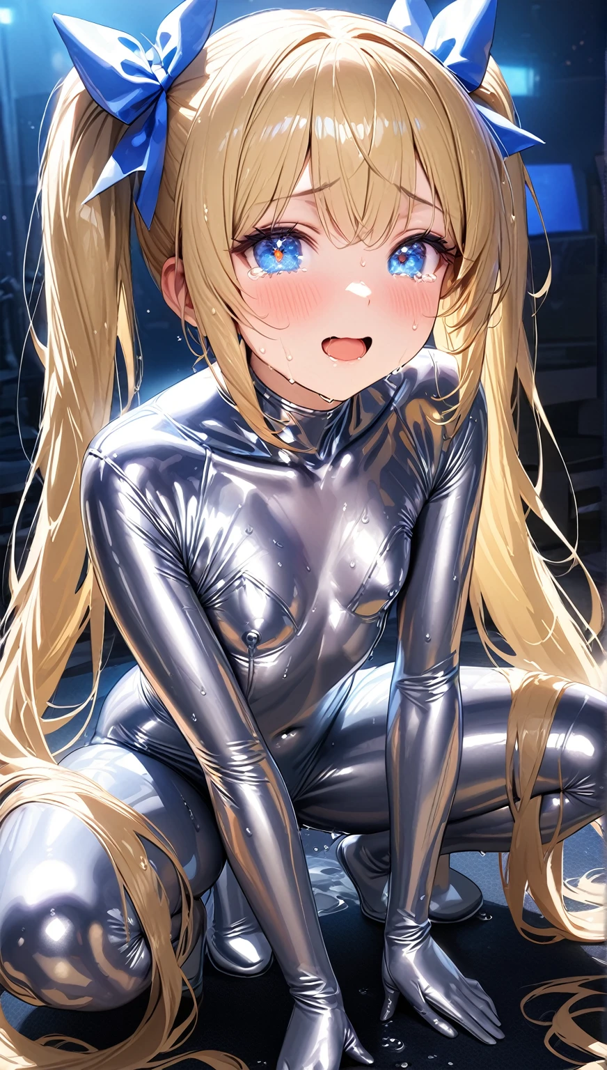  Masterpiece Top Quality Unity 8k ,( twin tails),  hair bow, Beautiful blonde, detailed hair,very long hair, blue eye,Sparkling Eyes,Princess Eye, baby face:1.2, (Super shiny silver tights ,  beautiful woman in a silver full body suit, full body silver metallic rubber suit ) ,((Lighting Front)),( close one eye ,  watching viewers),  perfect body, **** body,  Realistic Skin , flat chest:1.3,Sly Smile,  open your mouth , Live House,( open legs,Squat),( Ultra High Definition,Super detailed, ultra high resolution),( wet skin :1.4,Flowing sweat:1.3),( perfect anatomy),(Wet with lotion:1),( makes me drool:1.3),(Tears:1.3), ( Liquid Dripping From My Crotch), (crotch focus)